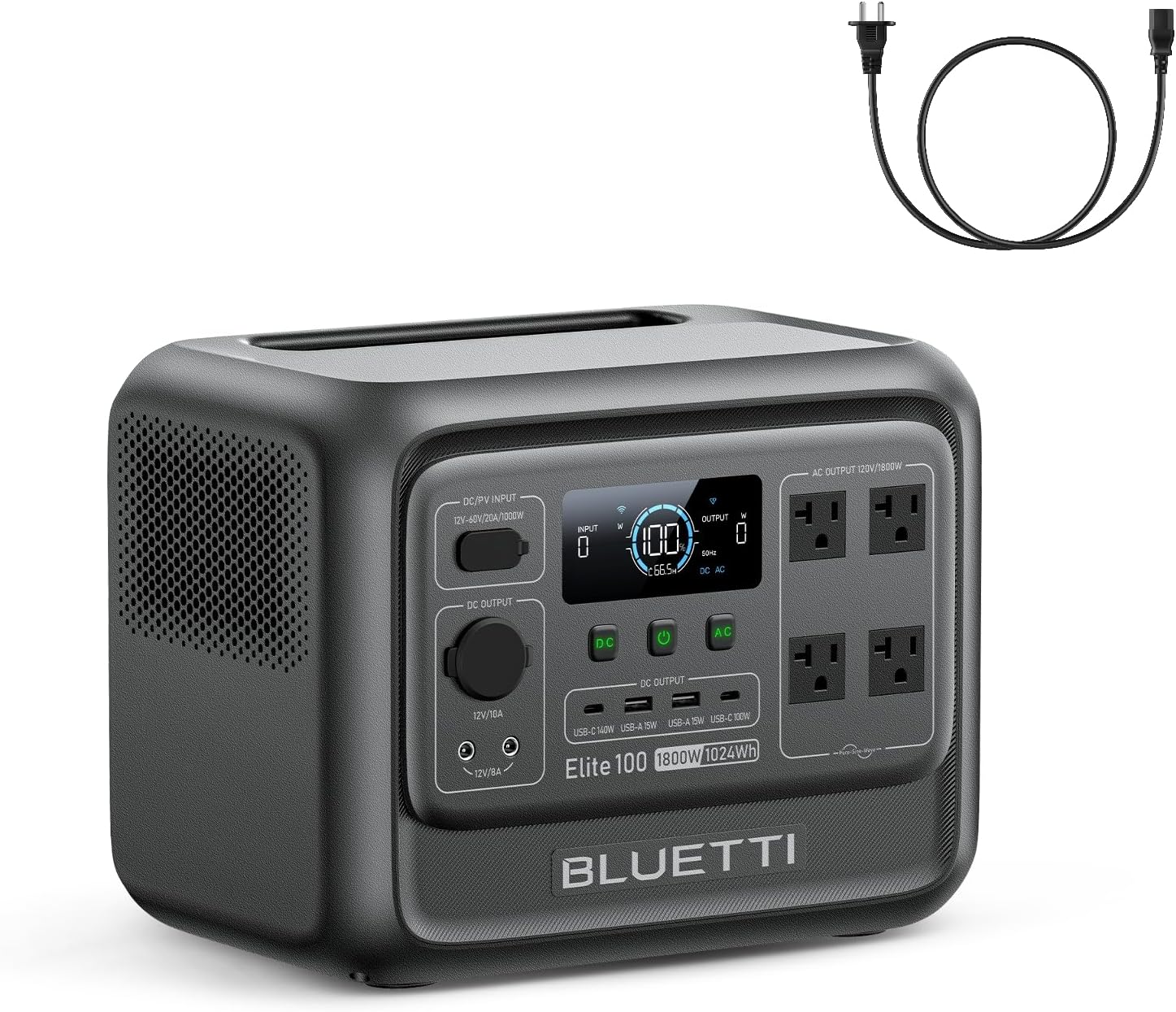 BLUETTI Elite 100 V2 Portable Power Station with AC Cable 1024Wh 1800W