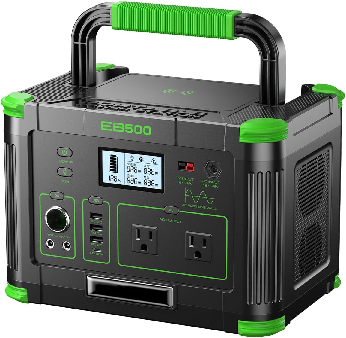500W Portable Power Station 519.48Wh Outdoor Solar Generator Backup Battery